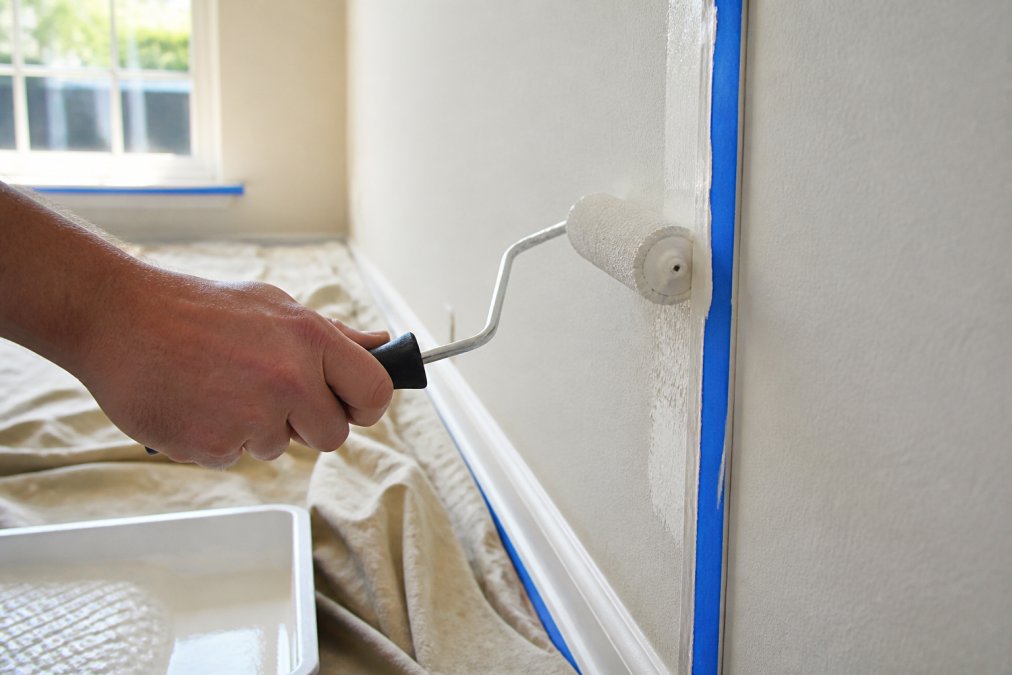 Close-up of a DIY painting mistake showing visible roller marks near painter's tape on a sunlit wall