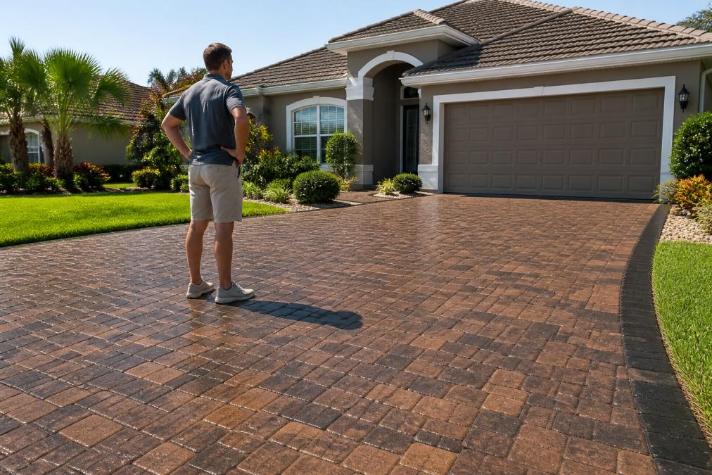 A homeowner standing on a freshly sealed paver driveway, admiring the rich color and clean lines of the pavers under bright sunlight, with a well-kept suburban house and landscaping in the background