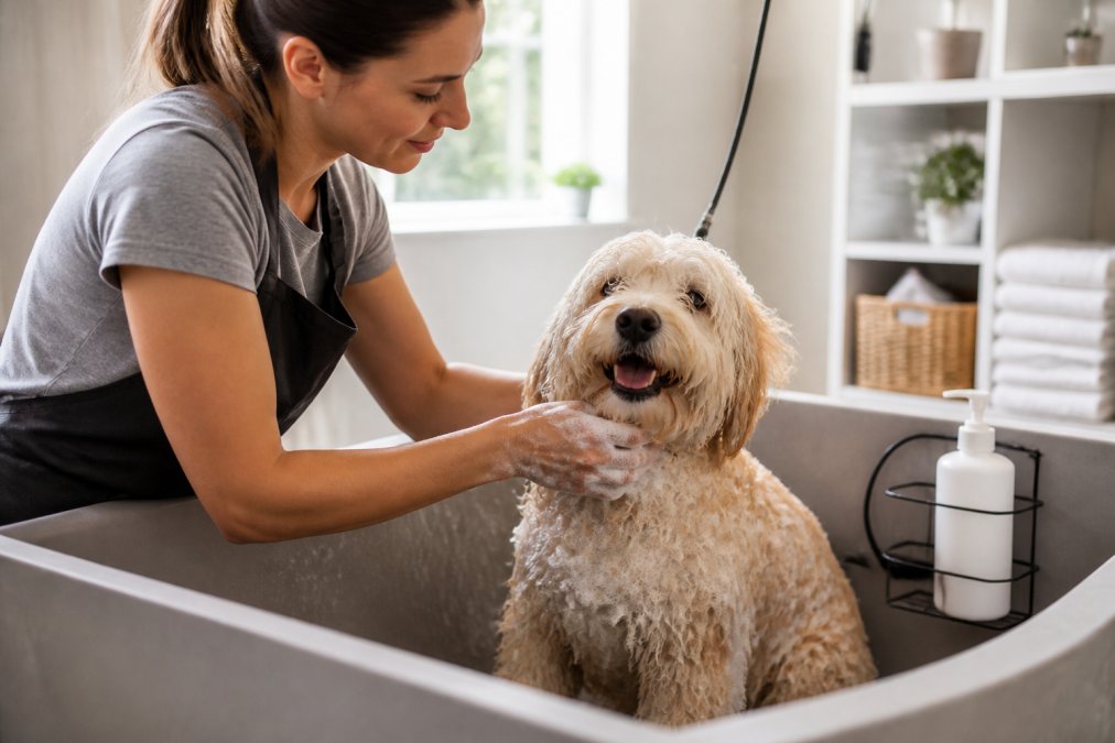 Pet owner carefully bathing a fluffy dog in a grooming tub with warm water, using proper hand positioning and a pet-specific shampoo bottle nearby, natural lighting in a home bathroom setting