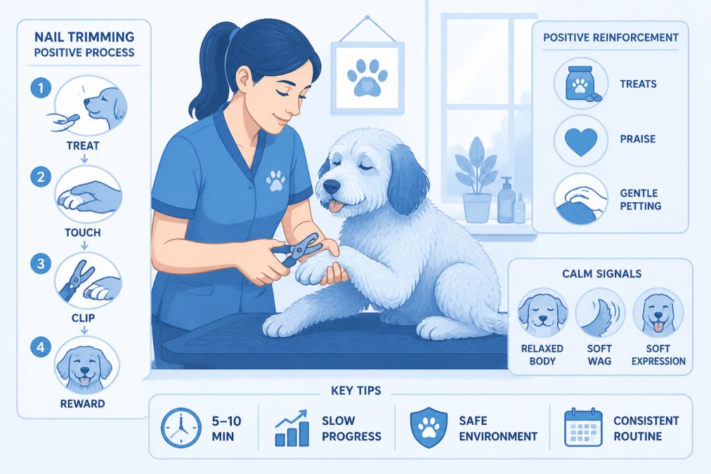 Dog groomer using positive reinforcement techniques with a calm, relaxed dog during nail trimming, showing gentle handling and a reassuring environment with natural lighting