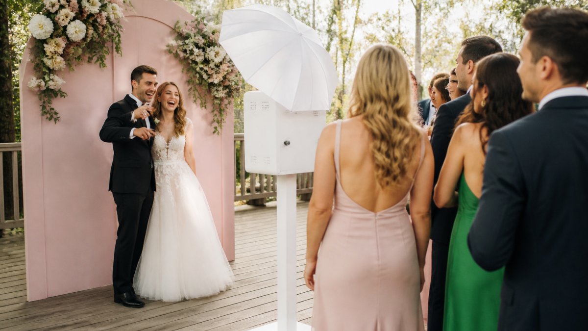 Bride and groom laughing at a professional photo booth rental for weddings with guests waiting in line.