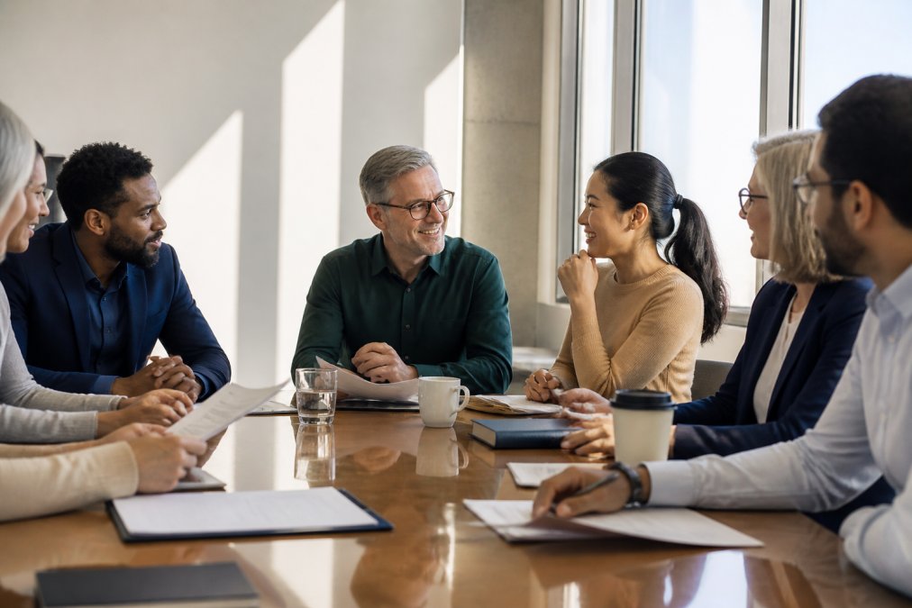Diverse group of professionals engaged in genuine conversation around a polished conference table, candid expressions showing focus and collaboration, natural window light streaming across faces, informal body language