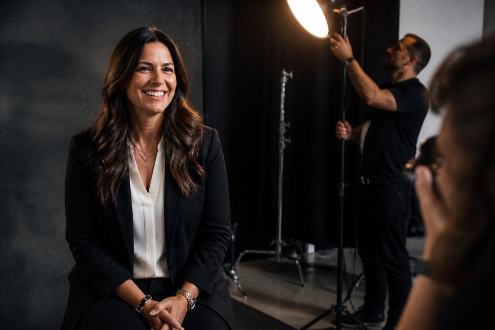 Professional in business attire being photographed in a studio setting with professional lighting, appearing confident and natural in front of the camera, with a photographer adjusting lighting equipment in the background