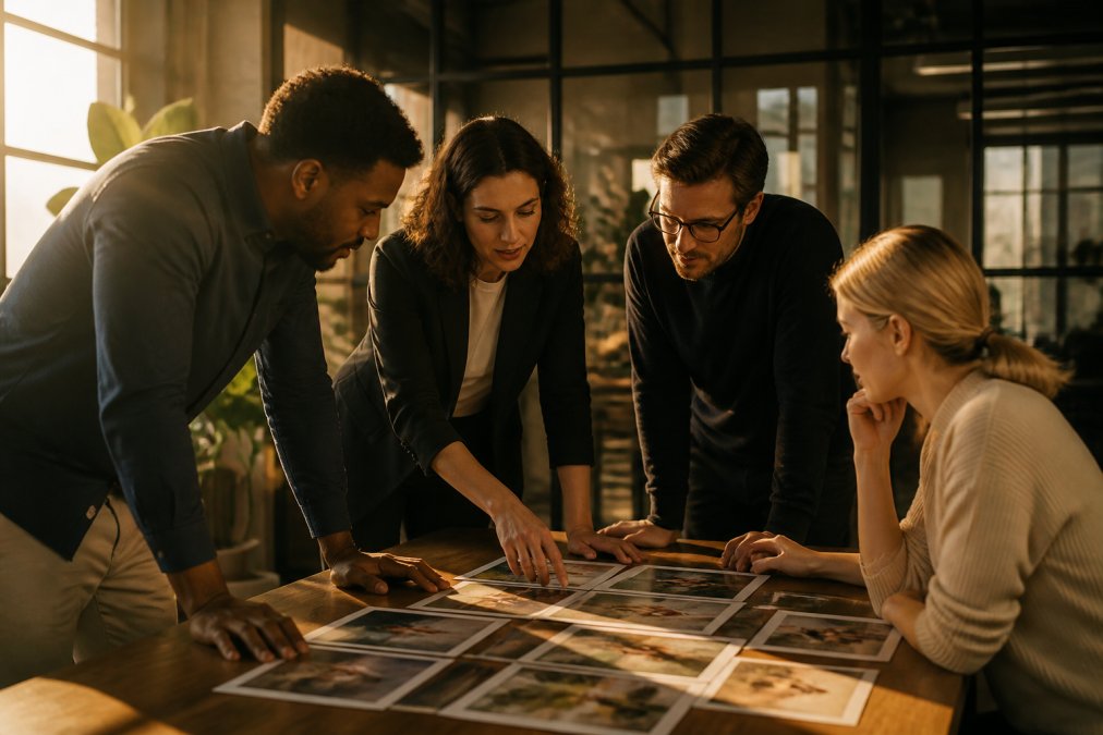 Diverse team of business professionals in a modern office environment, displaying authentic engagement and professional appearance, with natural lighting from windows creating a warm, professional atmosphere suitable for corporate branding materials