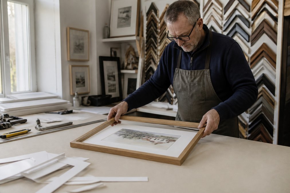 A framer in a bright workshop carefully placing a mounted watercolour into a handmade wooden frame, with tools and mount board offcuts on the workbench