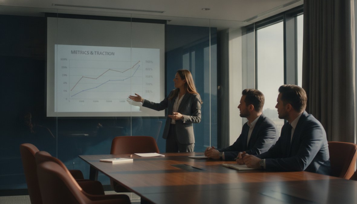 Founder presenting polished pitch deck to investor panel in modern conference room, gesturing toward slide with clear metrics and traction data displayed