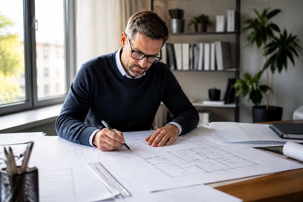Architect reviewing detailed technical drawings at a desk with scale ruler, pencil, and planning documents spread across the workspace, natural light from window