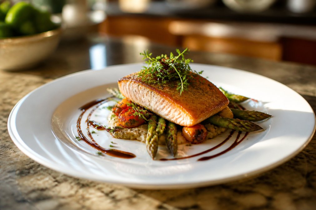 Close-up of a beautifully plated dish with carefully arranged components, herb-garnished protein, vibrant vegetables, and glossy sauce drizzle positioned with precision on a white plate, warm kitchen lighting
