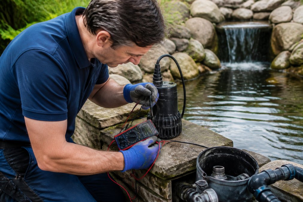 Professional technician in work gloves carefully inspecting a submersible pond pump with a multimeter in hand, examining the pump housing and electrical connections at a residential pond installation