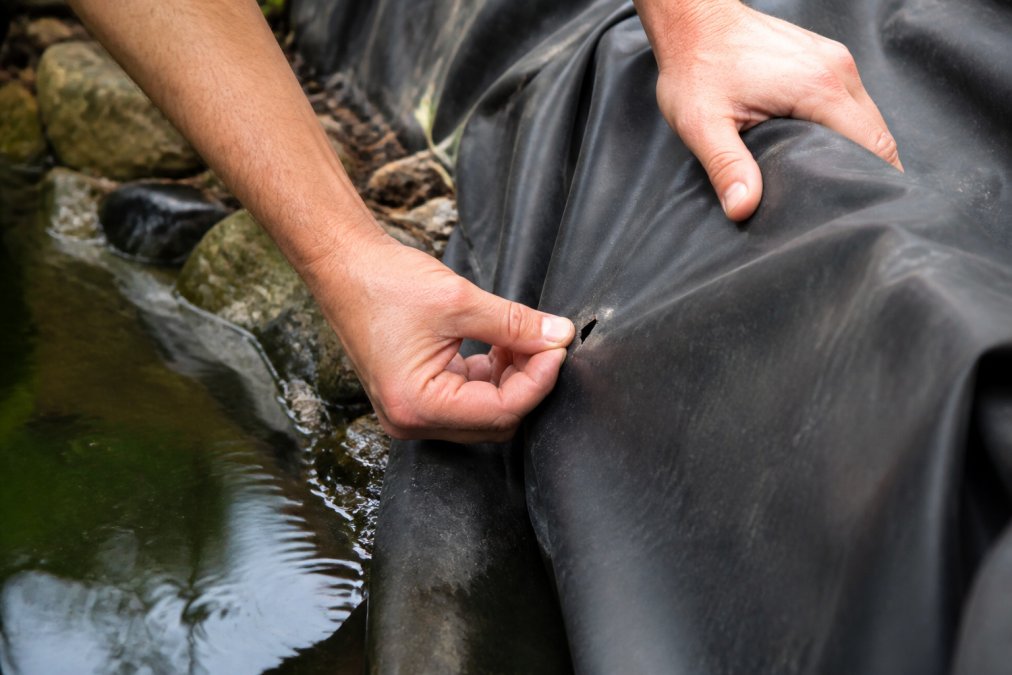 Close-up view of a technician's hands examining a small puncture in a black pond liner during a leak assessment, water visible at the pond edge
