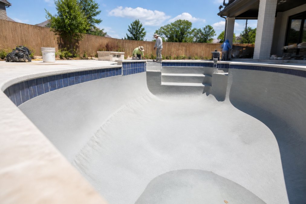 A residential backyard swimming pool mid-renovation with fresh waterline tile installed, new plaster drying on the interior, and a crew of workers in the background under a bright sunny sky