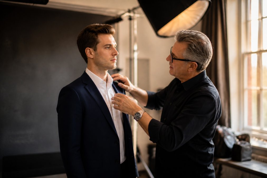 Professional in business attire receiving styling advice from photographer in bright studio with calm, confident expression visible