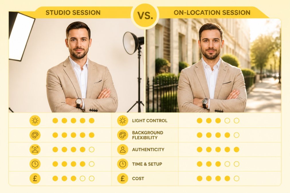 Split-scene comparison showing professional in clean, well-lit studio with neutral backdrop on left side, and same professional photographed outdoors in natural light with environmental context on right side