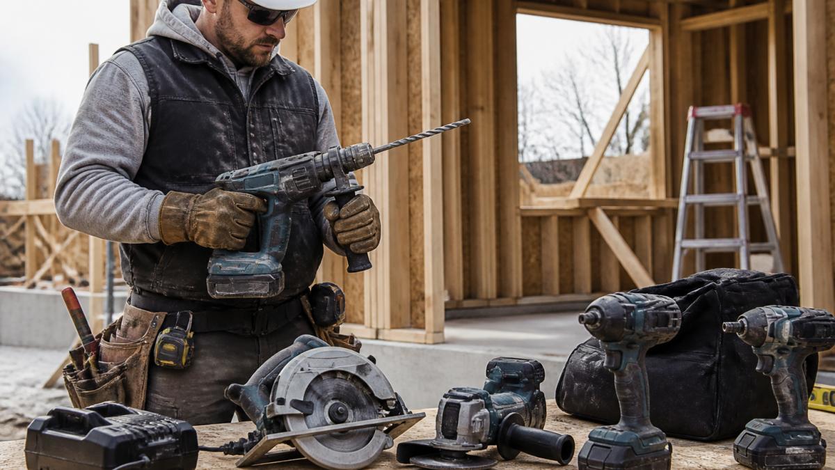 A contractor on a jobsite holding a cordless hammer drill, with other professional power tools laid out on a workbench nearby, natural daylight