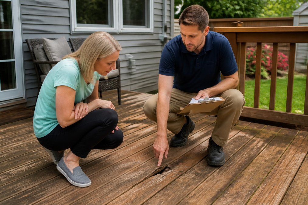 A homeowner and a pressure washing technician in a residential backyard examining a wooden deck, the technician pointing at a cracked board while holding a clipboard, natural daylight