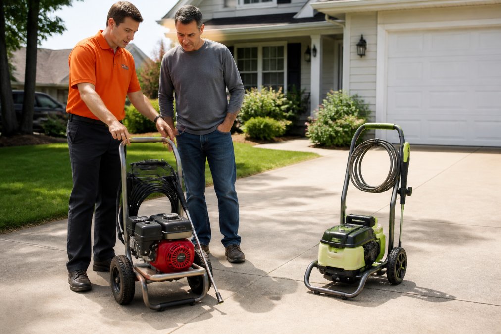A homeowner in a driveway reviewing a rented gas pressure washer with a store associate, bright daylight, suburban setting