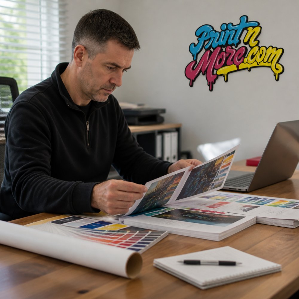 Professional reviewing color-matched samples and design proofs for professional printing services with fast turnaround
