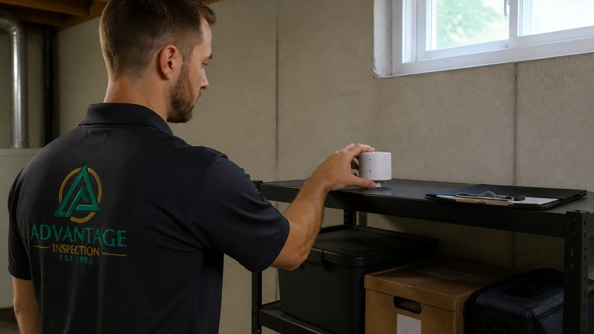 A radon measurement professional in a home basement placing a small continuous radon monitor on a shelf, with a clipboard and closed windows visible in the background