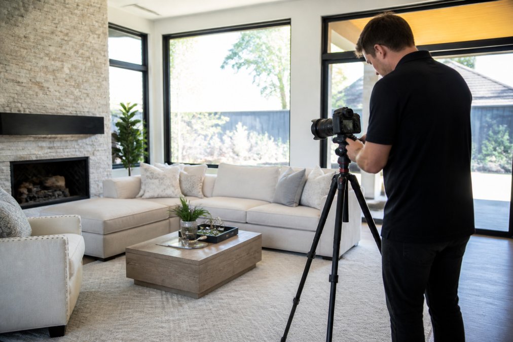 A professional real estate photographer setting up a wide-angle lens camera on a tripod in a bright, well-staged living room with large windows and natural light streaming in from outside