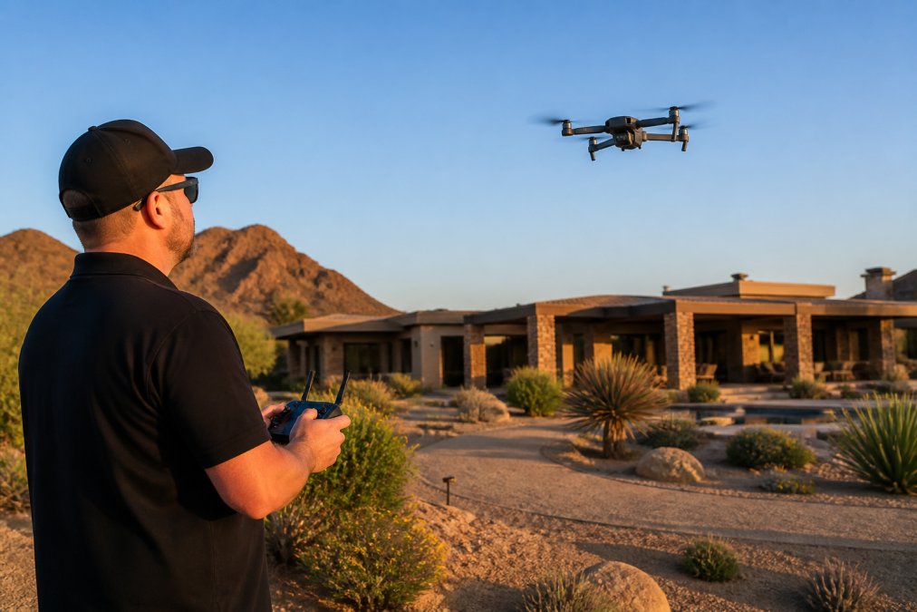 An FAA-licensed drone operator launching a drone outdoors near a luxury residential property at golden hour, with warm desert light and a clear blue sky in the background