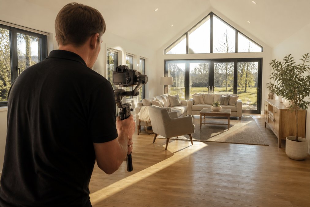 A videographer holding a gimbal-mounted camera filming a bright, well-staged living room interior with large windows and natural light streaming across oak flooring