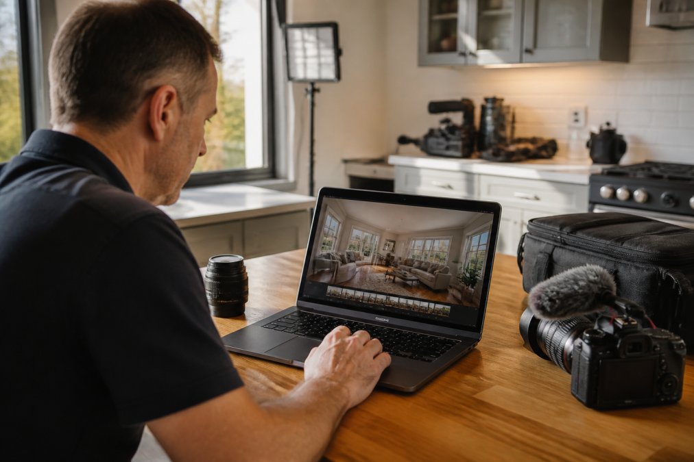 A professional property videographer reviewing 4K footage on a laptop monitor in a modern kitchen, camera and lighting equipment visible on the counter behind them, warm afternoon light through the window