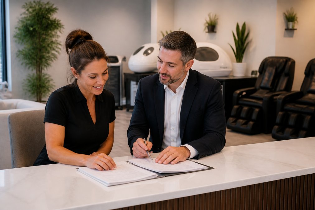 A wellness clinic owner and a financial advisor reviewing lease documents at a modern reception desk, with recovery equipment visible in the background