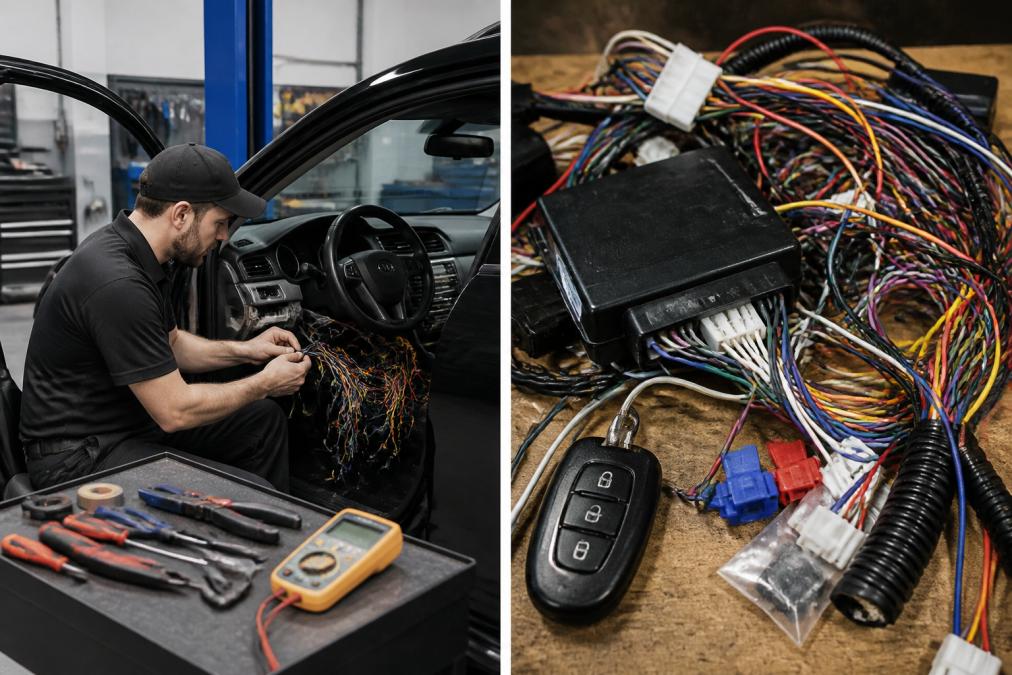 Certified technician completing professional remote start system installation with proper wiring connections visible, testing equipment displayed on workbench, modern automotive shop environment with organized tools and diagnostic equipment
