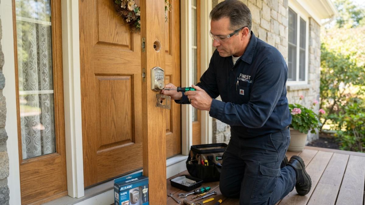 Professional locksmith installing a new deadbolt on a residential front door, carefully positioning the lock hardware and using precision tools, with natural daylight illuminating the entryway