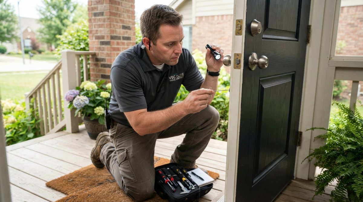 Professional security technician inspecting a residential entry door, checking the strike plate, door frame, and lock hardware for vulnerabilities in natural daylight
