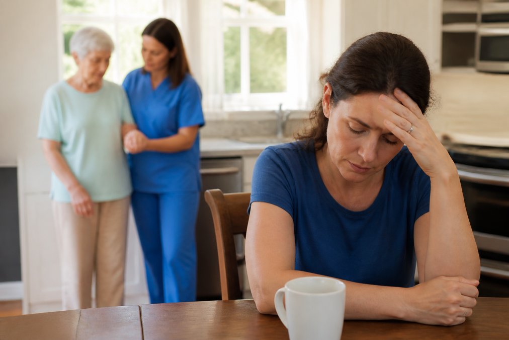 Adult child caregiver sitting at kitchen table looking exhausted and stressed, with aging parent visible in background being assisted by a home care aide, natural afternoon lighting through window