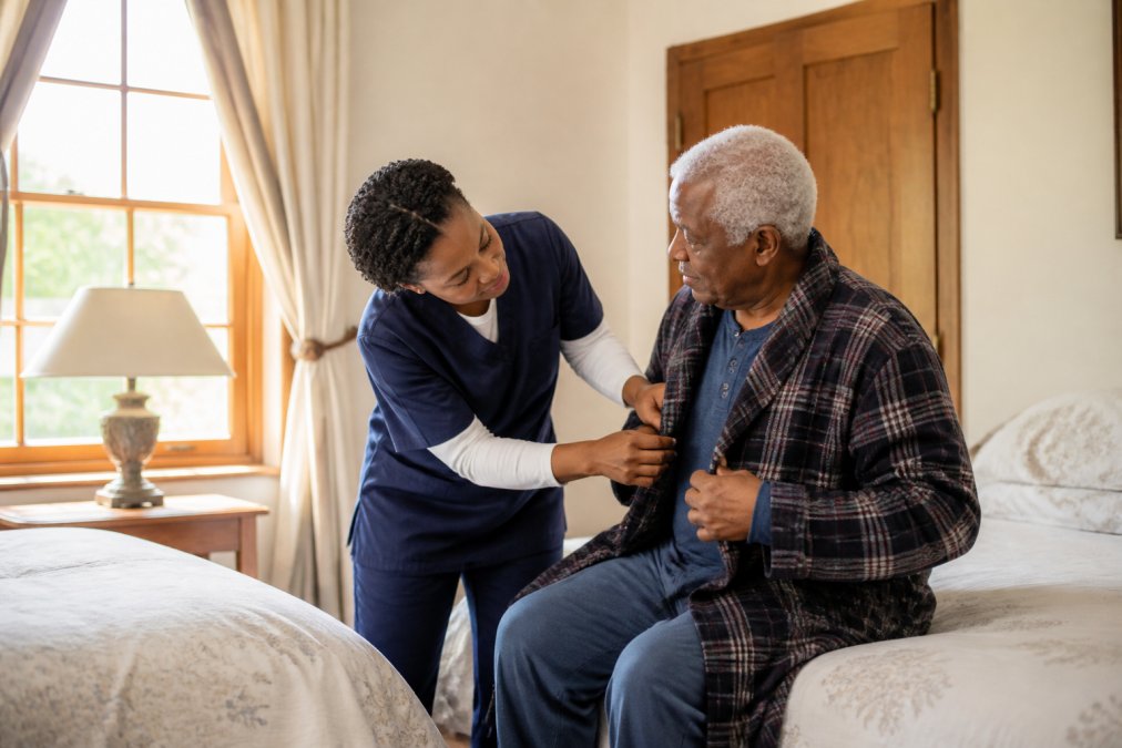 Professional caregiver assisting an aging parent with getting dressed in a comfortable bedroom, showing patient interaction and care, with natural morning light