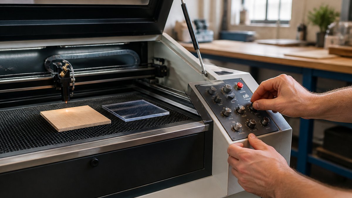 Close-up of a maker's hands adjusting power and speed settings on a laser cutter control panel, with a test piece of wood and acrylic on the bed nearby in a bright workshop