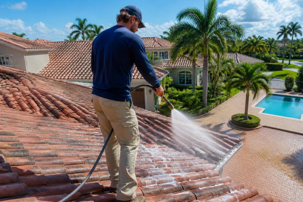 A professional technician in branded uniform using a soft wash sprayer on a residential tile roof in a sunny South Florida neighborhood, palm trees visible in the background