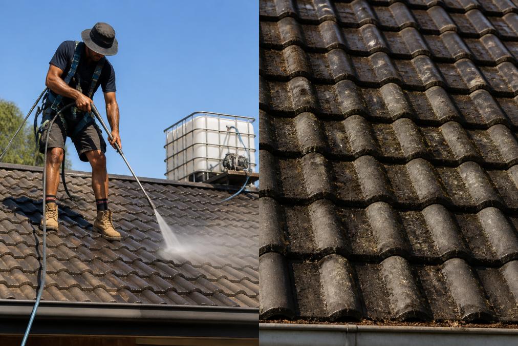 A professional cleaner in a safety harness using a low-pressure spray wand on a steep tiled roof, with a soft washing chemical tank setup visible in the background under bright morning light