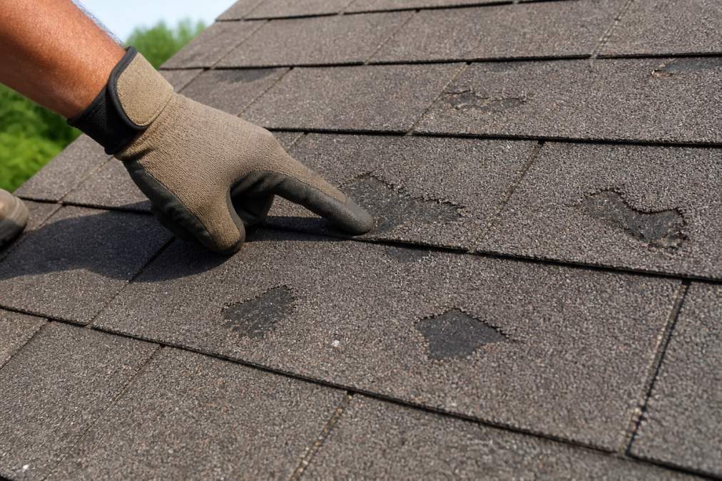 Close-up photograph of an asphalt shingle roof showing dented and bruised spots with missing granules after a hailstorm, a roofing contractor's gloved hand pointing out the damage under bright natural daylight