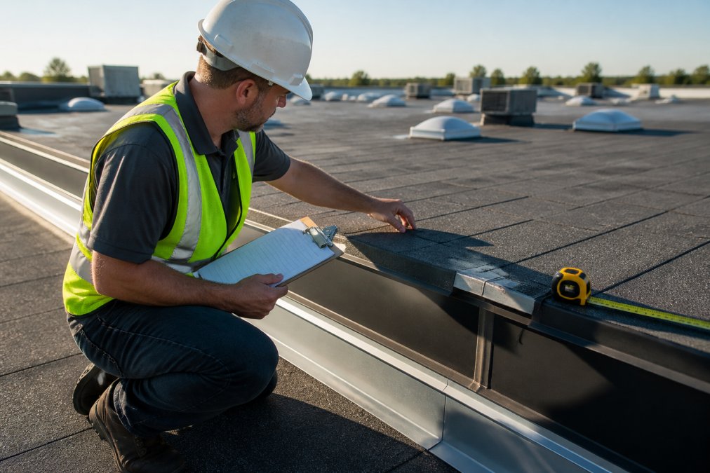 Professional roofing contractor performing detailed roof inspection on commercial building, examining shingles and flashing with clipboard and measuring tools, morning sunlight