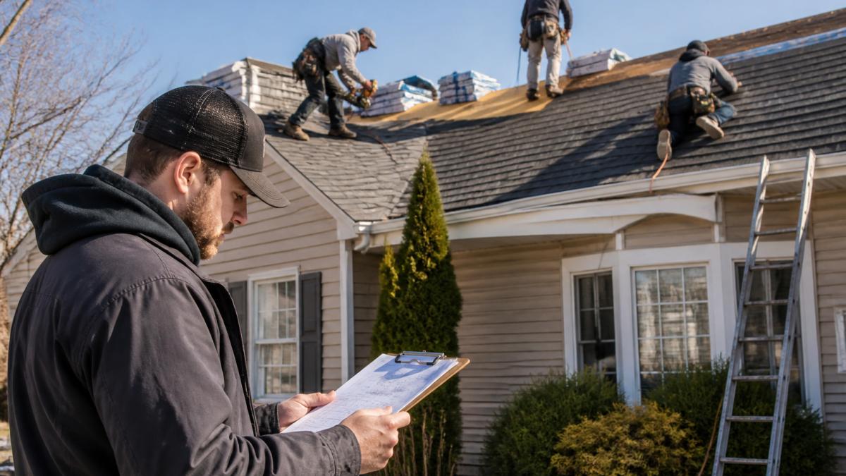 Roof replacement contractors installing asphalt shingles on a South Jersey home while reviewing project plans