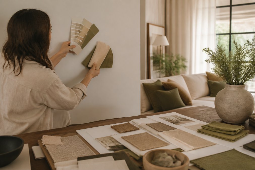 A homeowner holding paint swatches and fabric samples against a wall in a sunlit living room, with a curated mood board of earthy tones and textile swatches on a nearby table