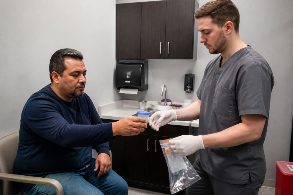 Professional medical technician conducting specimen collection at a testing facility, with driver providing sample under proper chain-of-custody procedures in clinical setting