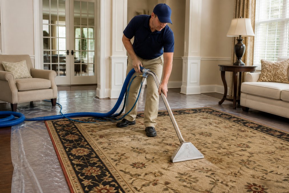 A professional cleaner in uniform using a hot water extraction wand on a large area rug in a bright living room, with protective floor coverings nearby