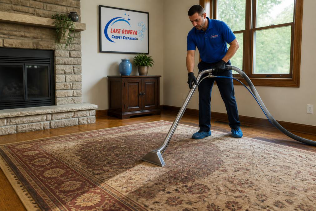 A carpet cleaning technician in a home setting guiding a wand attached to a hose across an area rug, with visible clean and uncleaned lanes on the rug and the technician wearing gloves and a uniform