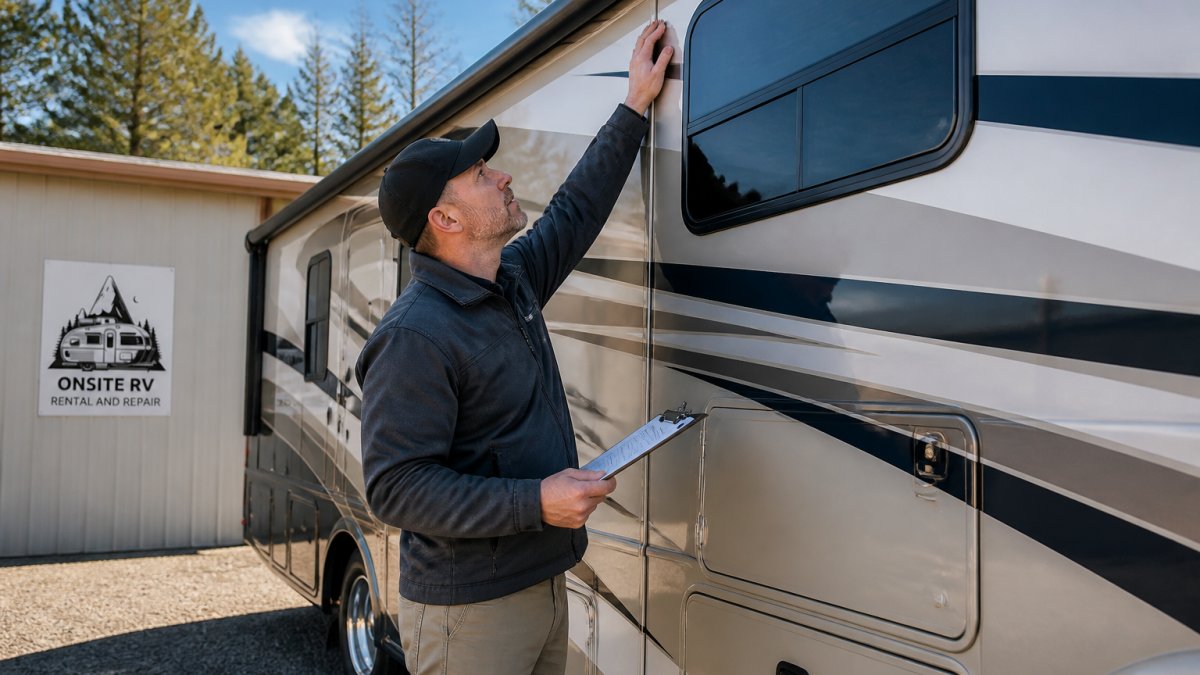 Professional RV inspector conducting detailed exterior inspection of motorhome, checking roof seams and siding with clipboard while taking notes in natural daylight