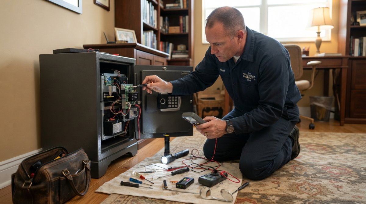 Professional locksmith technician in uniform carefully examining a safe's electronic lock mechanism with specialized diagnostic tools in a residential home setting