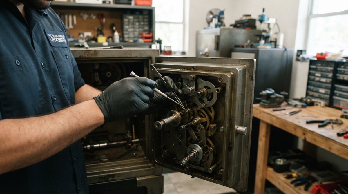 Close-up of a professional technician's hands performing detailed maintenance work on a safe's internal locking mechanism using precision instruments in a workshop setting