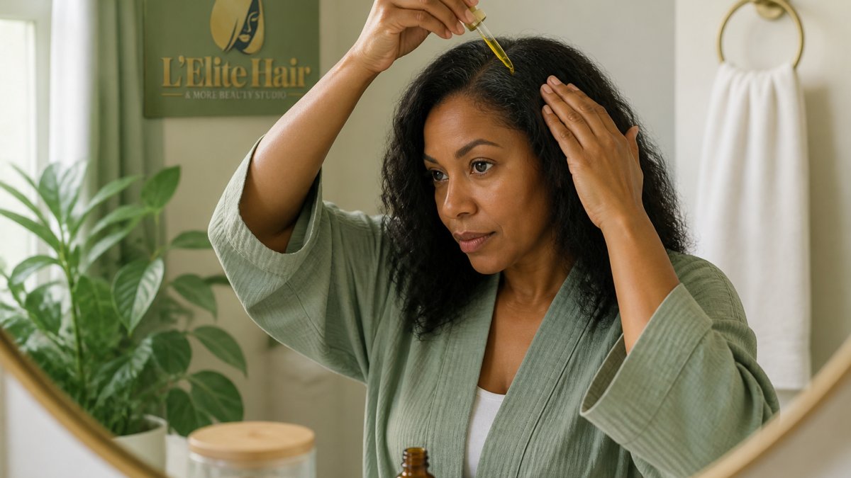 Person applying scalp treatment oil with fingertips to their scalp at home, hands visible, relaxed setting with soft natural lighting