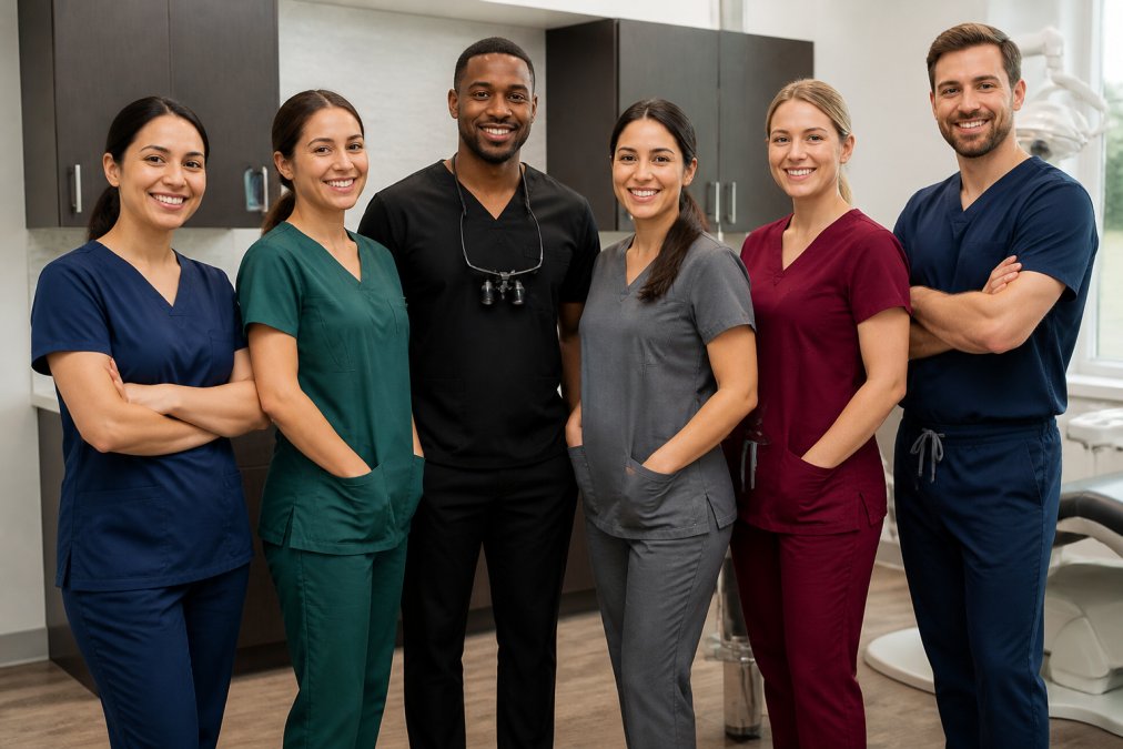 Diverse dental office team wearing coordinated professional scrubs in various colors standing together in a clinical setting with confident, approachable postures conveying professionalism and unity
