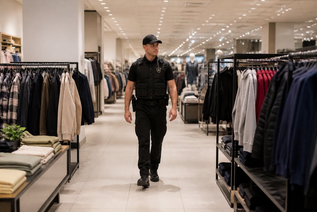 Uniformed security guard conducting foot patrol through retail store floor, checking product displays and monitoring customer activity in well-lit shopping area