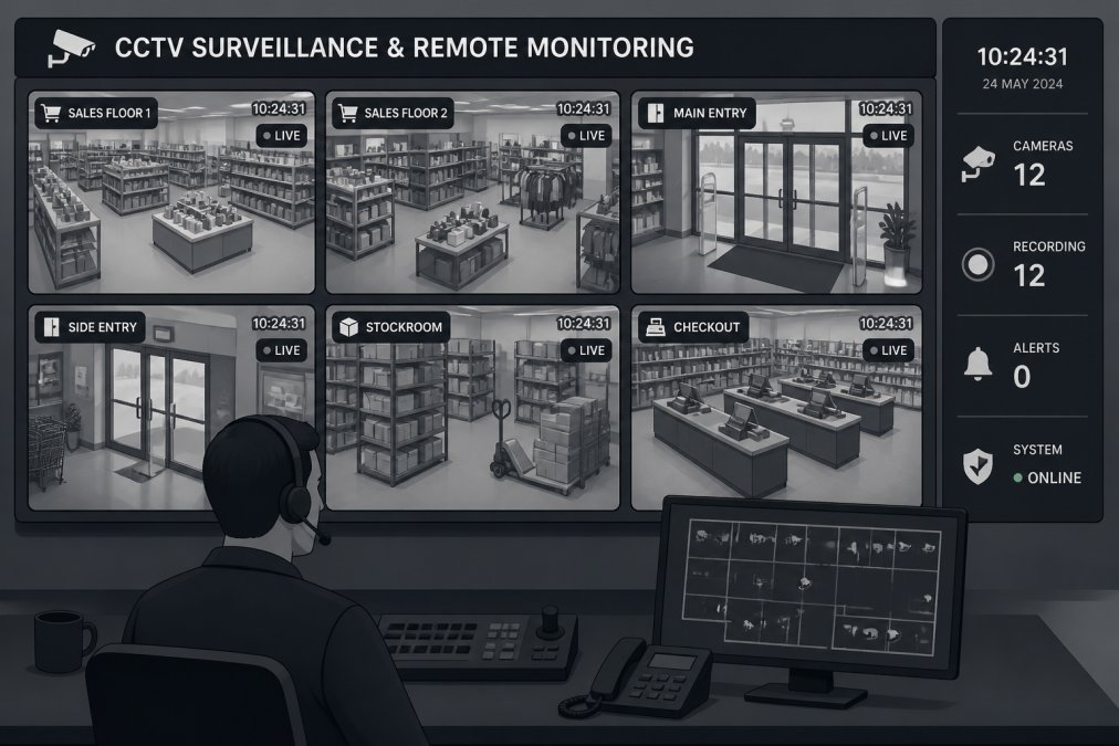 Security operator monitoring multiple live CCTV feeds on screens in control room, showing different angles of retail floor, stockroom, and entry points with real-time timestamp display