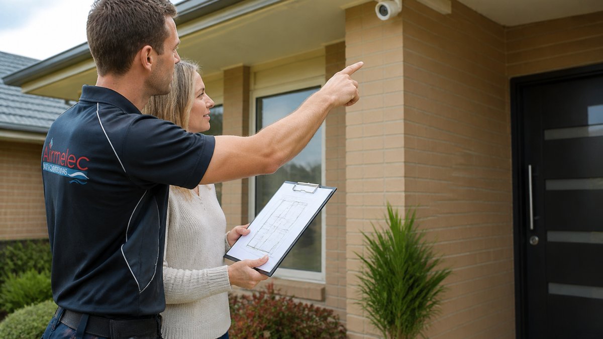 Electrician and homeowner reviewing site plans for a security system installation at a suburban home